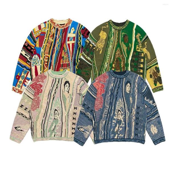 Suéteres para hombres Kapital Vintage Hirata y Hiro Contraste Color Retro Estilo étnico Retrato Suéter de punto con cuello redondo