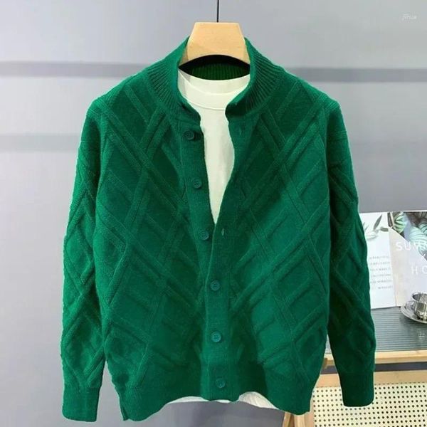 Suéteres para hombres Suéter de punto Masculino Color sólido Cardigan Ropa con cuello Argyle Plaid Verde Liso Algodón Moda coreana Sudadera
