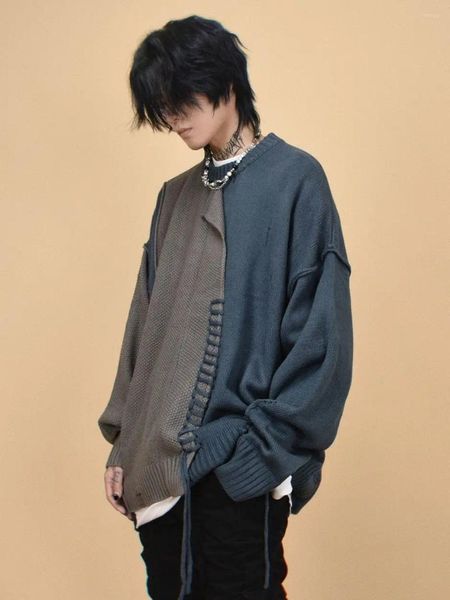 Suéteres de punto para hombre, suéteres de punto con costuras irregulares y contraste de colores, jerséis Harajuku con cuello redondo, ropa de calle de invierno para hombre