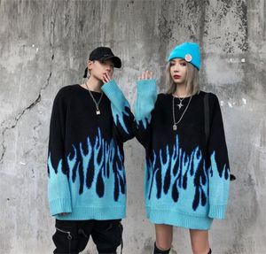 Herentruien gebreide blauwe vlam trui zachte Japanse dikke herfst en winter 2022 print mannelijke vrouwelijke hiphop losse paar outfit