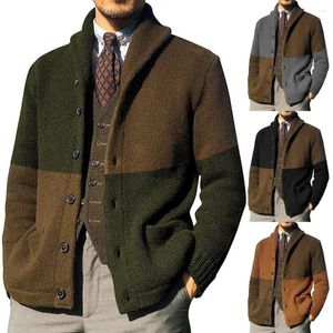 Pulls pour hommes tricotés hommes pull manteau contraste couleur col rabattu automne hiver boutons de revers cardigan pour un usage quotidien