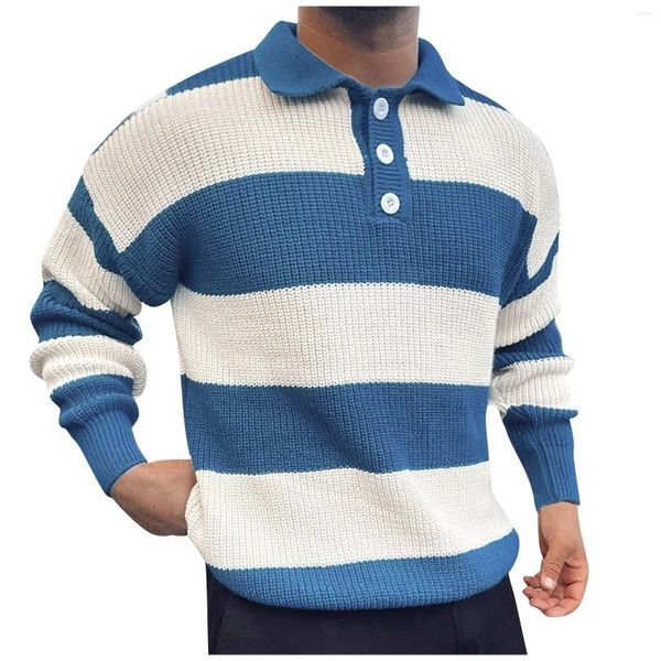 Suéteres para hombres Polo de punto Suéter Casual Botón abajo Color a juego Jerseys de manga larga Suelto Calor Moda 2023 Ropa Ropa