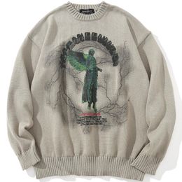 Suéteres para hombres suéter de punto ángel relámpago impreso ropa de calle estilo hiphop Harajuku casual de gran tamaño otoño 230831