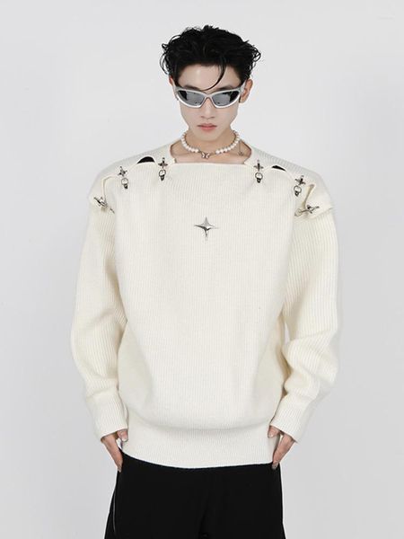 Chandails pour hommes pull tricoté automne hiver mode coréenne boucle en métal évider conception 2023 couleur unie mâle hauts 9A5467