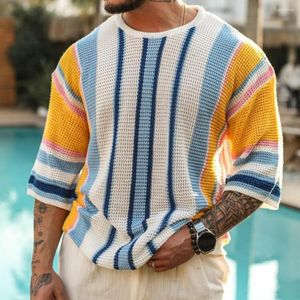 Pulls pour hommes pull tricoté élégant imprimé rayé coupe ample demi-manches élastique anti-rétrécissement tissu pour l'automne d'été
