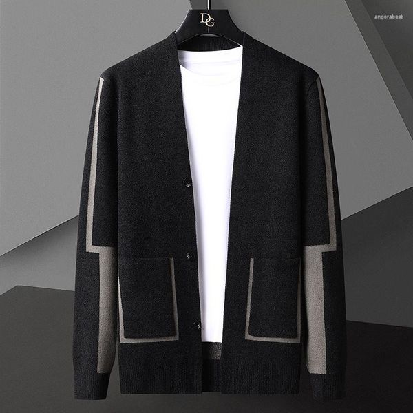 Pulls pour hommes tricot Cardigan d'âge moyen col montant manteau contraste couleur automne et hiver hommes veste 2023 C137