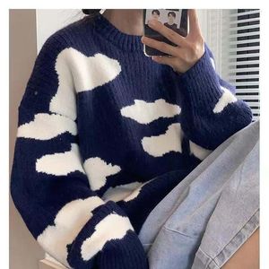 Pulls pour hommes version coréenne de la saveur de Hong Kong col rond bleu ciel blanc nuage pull hommes et femmes étudiants automne hiver ensembles Wi