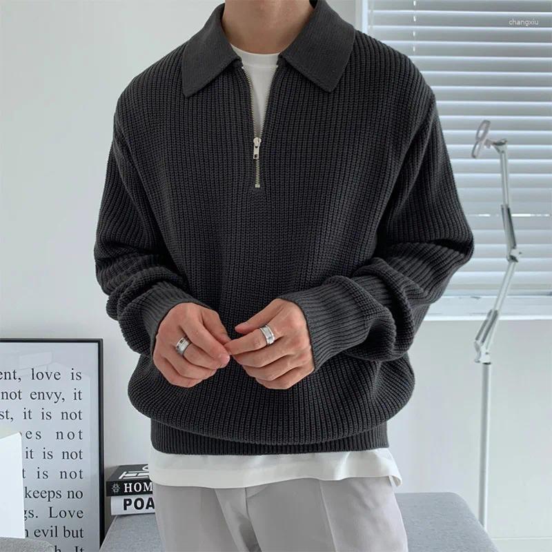 Korean Street Trend Men's Knitted Sweater with Half Zipper, Solid Color, Long Sleeves, Lapel, and Loose Fit for Autumn and Winter zip pullover mens