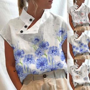 Herentruien Leisure zomerblouse vrouwen tops vintage bloemenprint korte mouw witte blouses casual knoppen spleet standaard nek top blusas