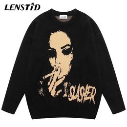 Herentruien Lenstid Autumn Men Oversized gebreide hiphop roken meisje grafische jumper streetwear Harajuku mode casual pullovers 220930