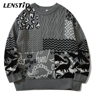 Hommes Pulls LENSTID Hommes Hip Hop Tricoté Pull Dinosaure Bloc De Couleur Streetwear Harajuku Automne Mode Casual Lâche Pulls 220831