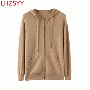 Chandails pour hommes Lhzsyy Pure Cachemire Cardigan à capuche Haut de gamme Veste à glissière Sweat à capuche en tricot Jeunesse Manteau à manches longues 23 Automne Chemise de base lâche 231205