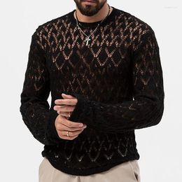 Suéteres para hombres Jersey de punto de manga larga Tops Hombres Caída Vintage Bordado Hollow Out Camisetas de punto Elegante Sexy