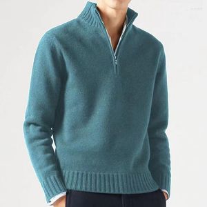 Hommes chandails à manches longues mince fermeture éclair col montant tricoté pull automne hiver loisirs solide tricot pull hommes vêtements