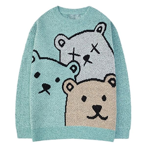 Pulls pour hommes en vrac dessin animé ours imprimé tricoté automne Harajuku collège style couple pull haut 220902