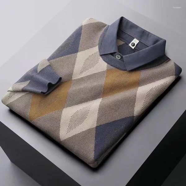 Suéteres para hombres Abrigo de punto lujoso A cuadros Imitación de dos piezas Cuello de camisa para hombres Jersey de moda Suéter de gama alta de estilo británico