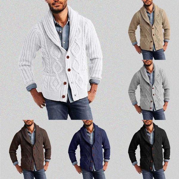 Suéteres para hombre, moda de otoño e invierno, suéter de Color sólido, chaqueta cálida, cárdigan, solapa, bolsillo, botón, jersey de punto