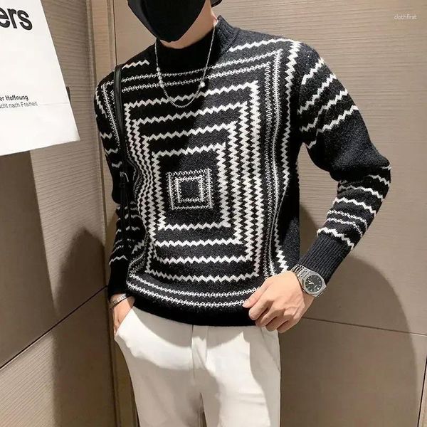 Sweaters para hombres Ropa de hombre Gráfico tejido para hombres Párrasos Medio cuello a rayas Tortugas de cuello blanco Orden de moda coreana Classic X