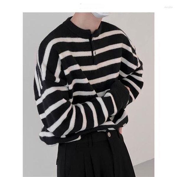 Hommes chandails hommes automne Ins à la mode lâche haut à rayures Chic col rond classique noir blanc col pull Streetwear vêtements