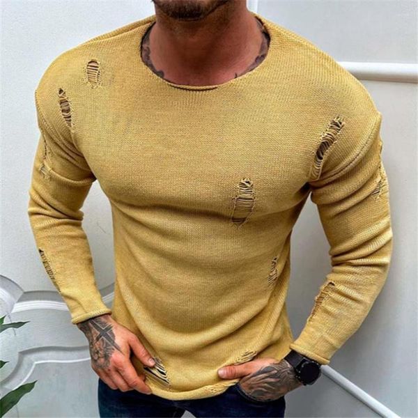 Suéteres para hombres Hombres Casual Ripped Otoño Cuello redondo Tops Thin Manga larga Prendas de punto 2024 Amarillo Streetwear Jerseys masculinos sueltos