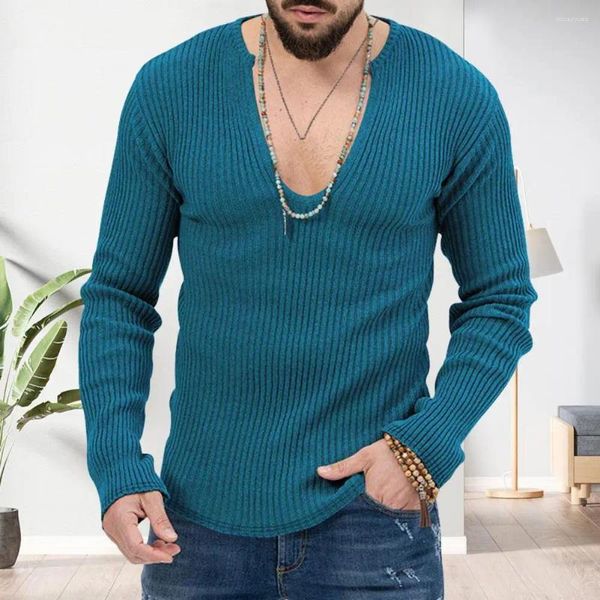 Pulls pour hommes Hommes Pull en mélange de coton élégant col en V profond tricot avec détails côtelés coupe ajustée tissu chaud doux automne / hiver