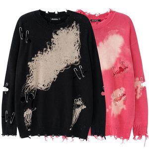 Herentruien mannen koppelen mode roze paperclips oversized gescheurde gat trui hol uit Harajuku pullover gebreide jumpermen's