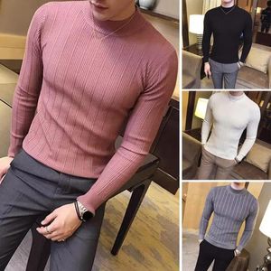 Pulls pour hommes Hommes Automne Printemps Pull Demi-haut Col Tricoté Texture Rayée À Manches Longues Maigre Pull Bottoming Top Hiver