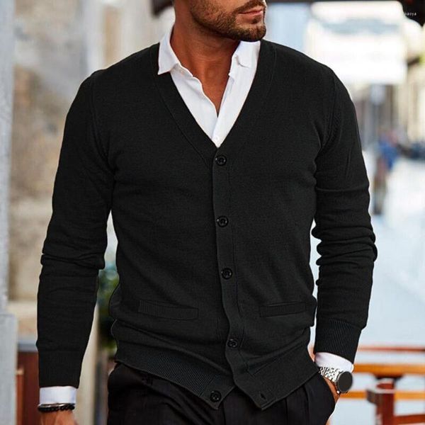 Suéteres para hombre, suéter de otoño para hombre, cárdigan elegante con cuello en V, tejido de punto suave ajustado, informal, abotonado para el calor