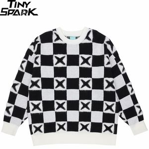 Herentruien mannen Harajuku streetwear gebreide trui retro zwart witte plaid hiphop pullover herfst katoen casual trui geruit 220928