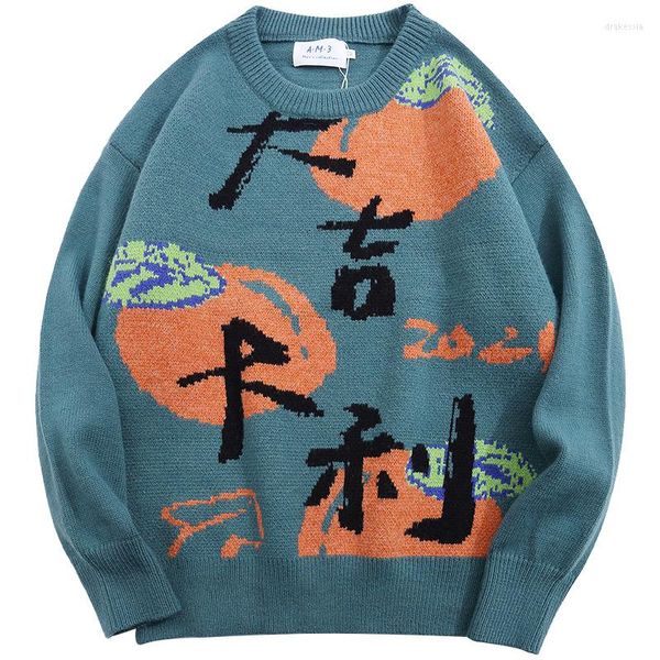 Suéteres para hombres Hombres Hip Hop Punto Jumper Patrón de carácter chino Impresión Streetwear Harajuku Otoño Hipster Casual Prendas de punto Jerseys