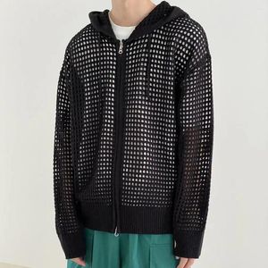 Pulls pour hommes Hommes Veste tricotée Élégant Hip Hop Cardigan avec capuche creuse Fermeture à glissière à manches longues Couleur unie pour l'automne