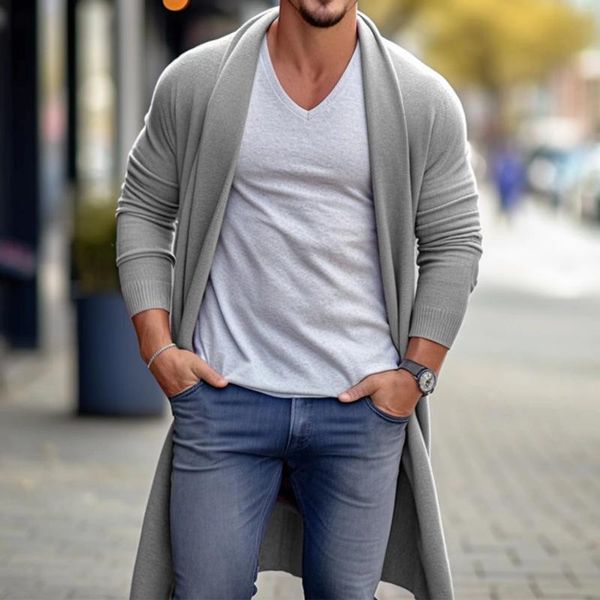 Suéteres para hombres Suéter de punto para hombres Moda Delgada Transpirable Primavera Otoño Cárdigan Abrigo largo Manga larga Ropa de calle sólida Jersey Tops