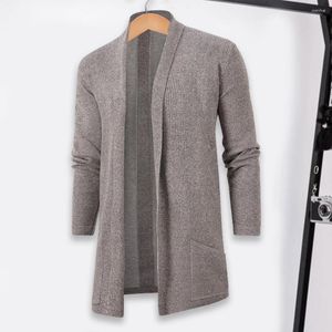 Pulls pour hommes Manteau à tricoter pour hommes Cardigan à revers élégant Couleur unie Manches longues Ouvert devant avec poches Vêtements d'extérieur mi-longs