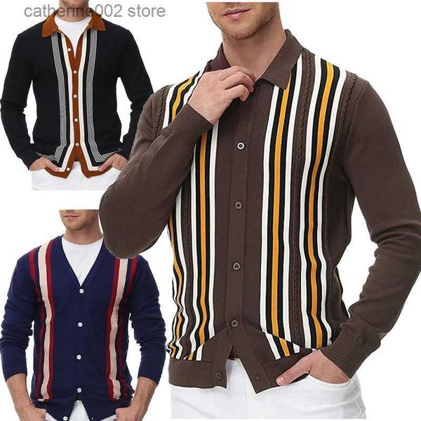 Suéteres para hombres Hombres Nuevo diseño Cárdigan de punto Manga larga Rayas Otoño Invierno Moda Elegante Casual Cálido Suéter masculino Abrigo T230724