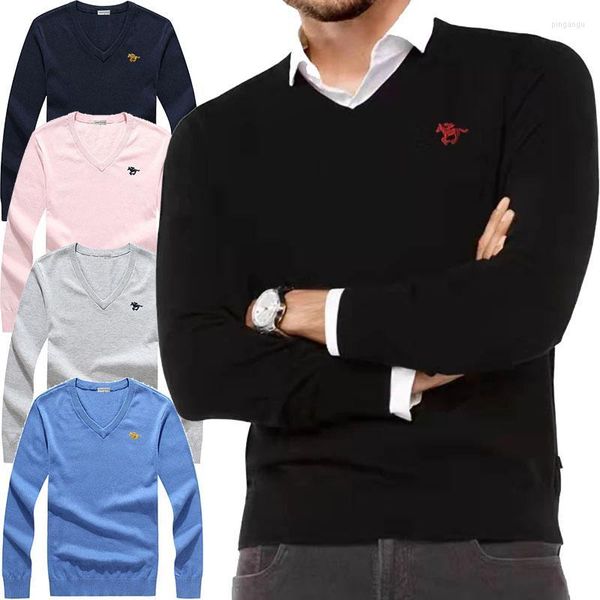 Suéteres para hombres Primavera para hombres Manga larga con cuello en V Jersey de algodón de punto bordado Logotipo de caballo Suéter Camisa Color sólido