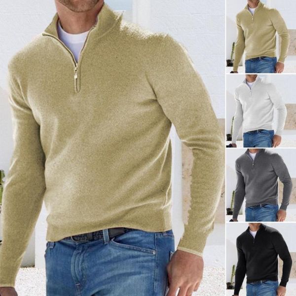 Suéteres para hombres Hombres Primavera Top V Cuello Cremallera Soporte Cuello Color Sólido Jersey Cálido Elástico Camisa Casual Blusa Sudaderas