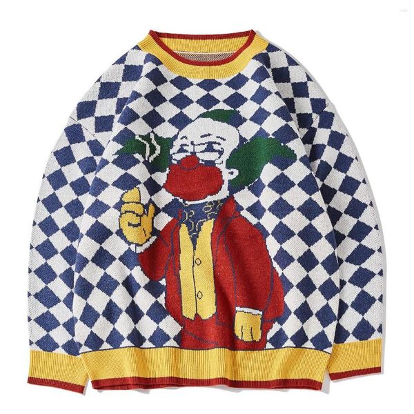 Hommes Pulls Hommes Streetwear Pulls LACIBLE Harajuku Femmes Patchwork Plaid Clown Imprimer Pulls Tricotés Mode Casual Lâche Tops