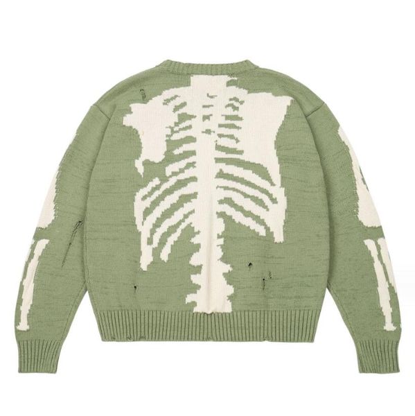 Pulls pour hommes Hommes Pull Vert Lâche Squelette Os Impression Femme High Street Damage Hole Vintage Tricoté