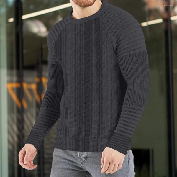 Suéteres para hombres Camiseta para hombres Cuello redondo Manga larga Decoración plisada Color sólido Elástico Cálido Jersey Casual Primavera Top para el hogar