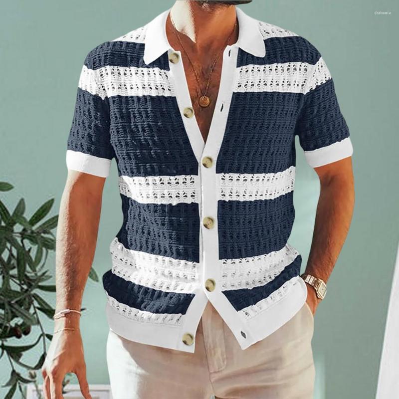 Мужские свитеры мужчины Top Hollow Out Design с коротким рукавом летние открытые кардиганские полосы вязаная рубашка уличная одежда