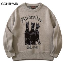 Suéteres para hombres Hombres Vintage Suéter Y2K Streetwear Hip Hop Vintage Punto Doberman Perro Suéteres Otoño Harajuku Moda Retro Casual Suéteres 230914