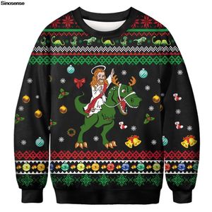 Pulls pour hommes Hommes Femmes Jésus Riding Dinosaur Ugly Christmas Pull Jumper Tops 3D Boule de Noël Cloche Chaussette Flocon de neige Imprimé Sweat-shirt de Noël 231130