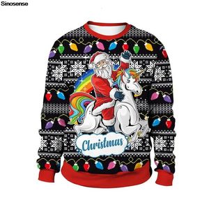 Pulls pour hommes Hommes Femmes Santa Riding Licorne Ugly Christmas Sweater 3D drôle imprimé collant Noël Jumpers Tops Pull Holiday Party Sweatshirt 231130