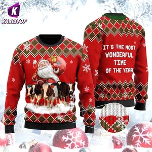 Pulls pour hommes Hommes Femmes Laide Vache de Noël avec Santa Time Noël Joyeux Tricot Jumpers 3D Imprimé Sweat-shirt de fête de vacances 231113