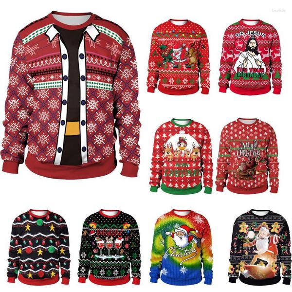 Suéteres para hombres, hombres y mujeres, suéter feo de Navidad, otoño, estampado 3D, manga larga, cuello redondo, vestido de fiesta, pulóver, jerséis para parejas