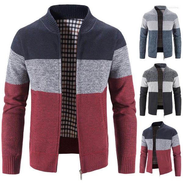 Suéteres para hombres Hombres Cremallera Cardigan Invierno Cálido Raya Suéter Béisbol Jumpers Moda suelta Calle Y2K Sweatercoat Chaquetas frías