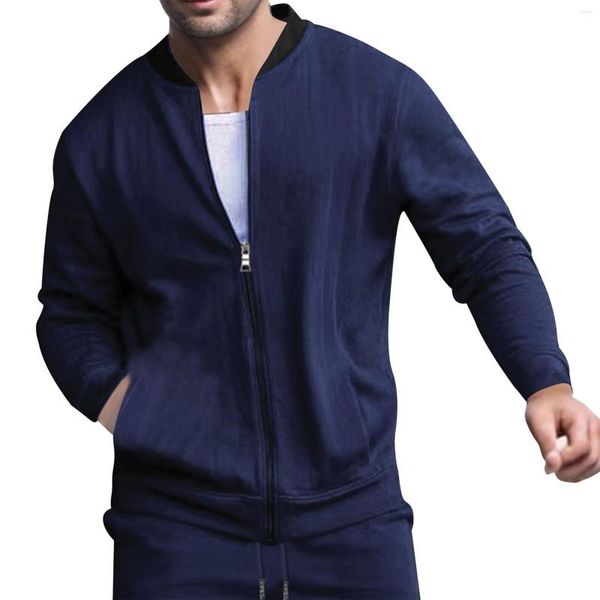 Suéteres para hombres para hombre otoño e invierno moda casual cremallera bolsillo sólido sin sombrero atlético jogging patchwork estilo europeo