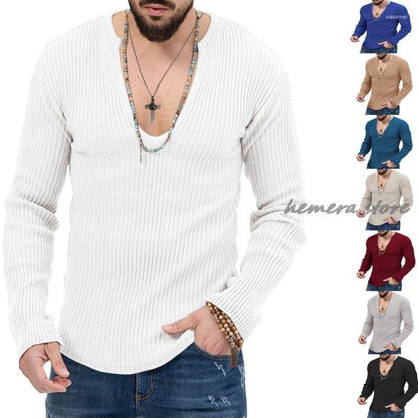 Pulls pour hommes Hommes à manches longues Automne Vintage Slim Fit Col V T-shirts en tricot pour hommes Vêtements Mode Couleur Solide Tops tricotés 2023
