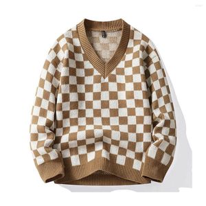 Heren Truien Heren Pullovers Schaakbord Jacquard Geweven Heren V-kraag Trui Gebreide Pullover Gebreid Losjes