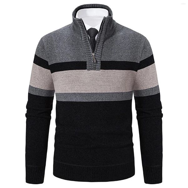 Suéteres para hombres para hombre cálido delgado invierno color bloqueo medio cremallera cuello suéter chaqueta simple soporte cuello prendas de punto masculino